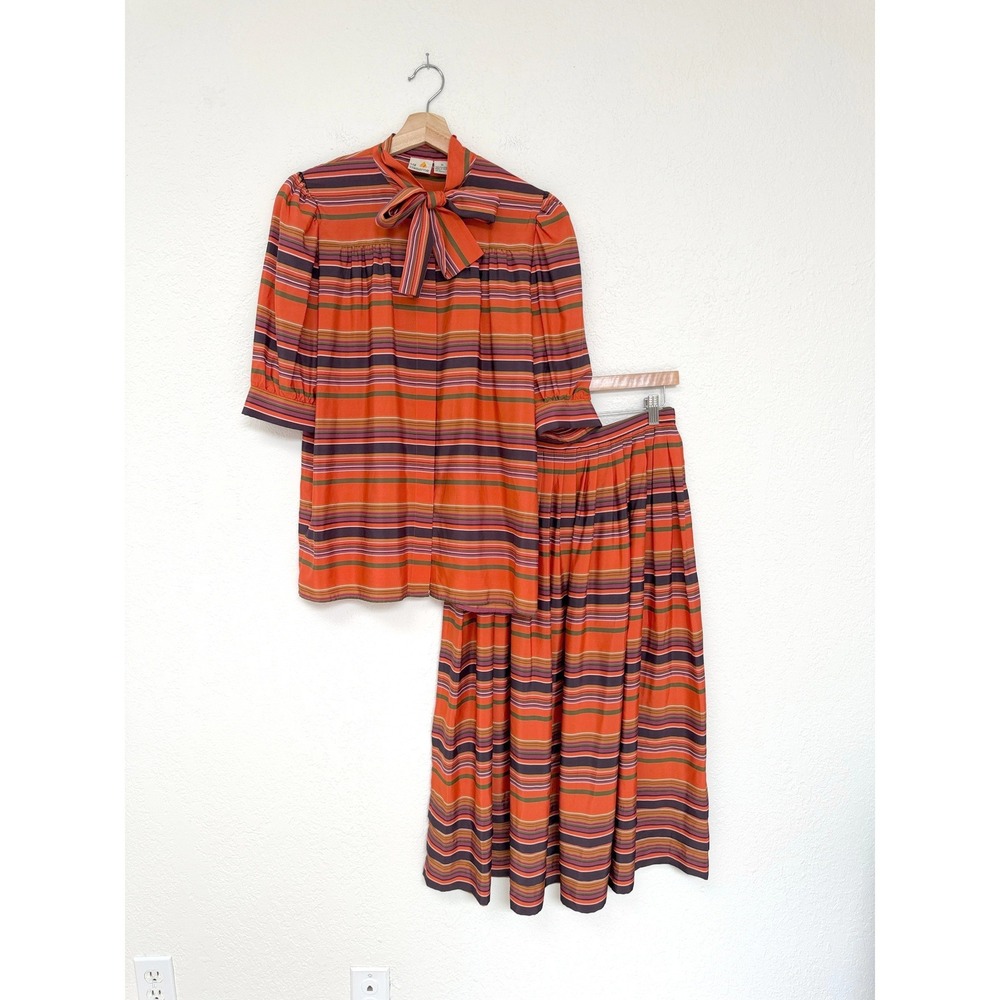 Vintage Liz Claiborne Striped Tie Neck Blouse and Pleated Midi Skirt Set 2PC M